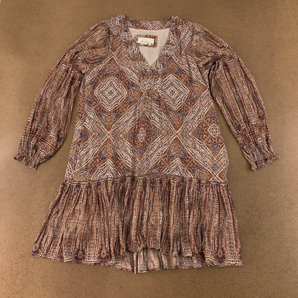 Anthropologie Womens Small Brown Geometric V Neck 3/4 Sleeve Shift Dress New